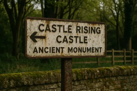 Weathered Signpost with "Castle Rising Castle" and "Ancient Monument" Displayed