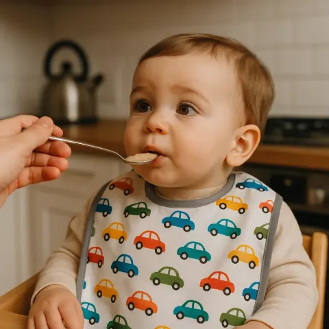 Young Child Sits in a Kitchen Wearing a Car-patterned Bib