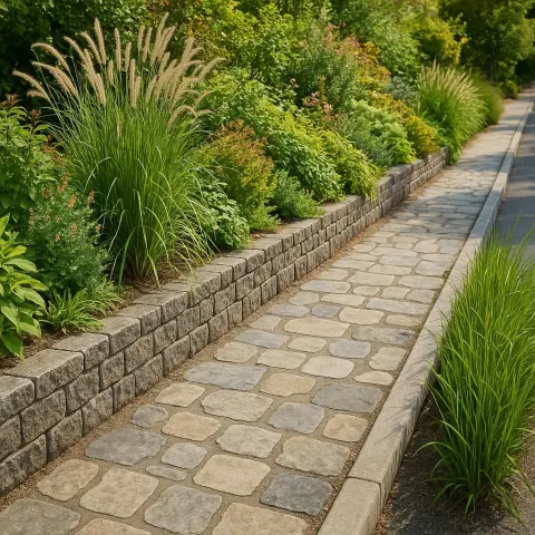 Stone and Concrete Pathway Bordered by a Raised Garden Wall