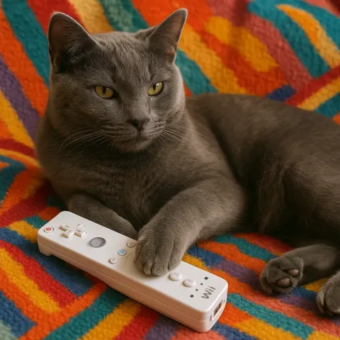 Gray Cat Lounging on a Colorful Blanket with its Paw