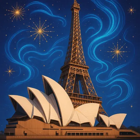 Craft a Surreal Composite Image Merging Two Iconic Landmarks