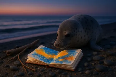 Grey Seal Peers Inquisitively at a Brightly Adorned Journal