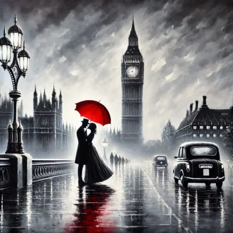 London Scene with Red Umbrella Couple