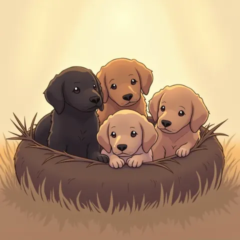 Flatcoated Retriever Puppies in Soft Anime Pastels
