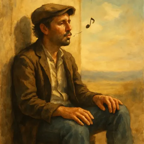 Man Sits on a Small Stool near a Wall