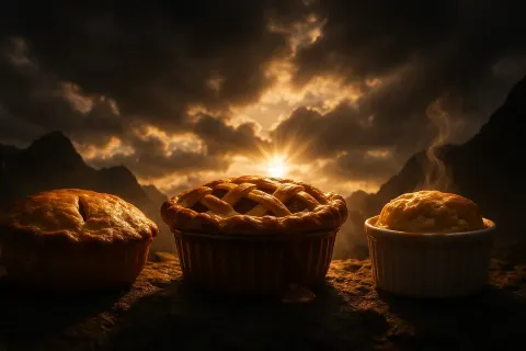 Three Distinct Potpies—the First Displaying Rustic Varied Browning Shades