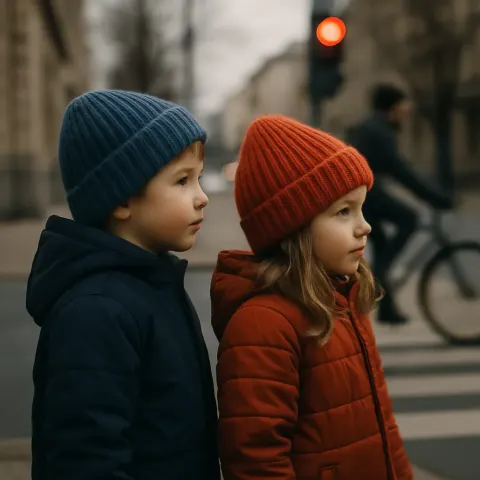 Two Children in Winter Hats Standing at a Street Corner