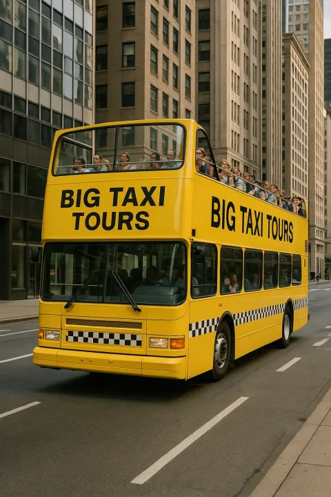 Yellow Double-decker Tour Bus Labeled "Big Taxi Tours"