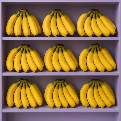 Purple-hued Shelf Showcasing Neatly Grouped Bunches of Vibrant Yellow Bananas