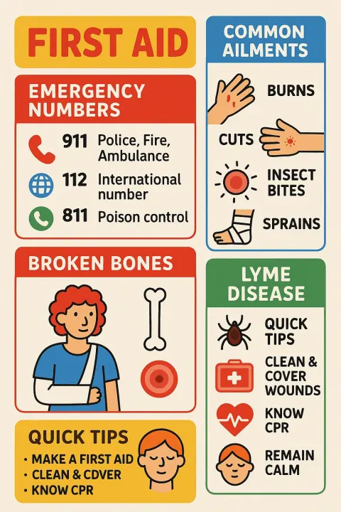 Colorful Informational Poster on First Aid Featuring Emergency Numbers