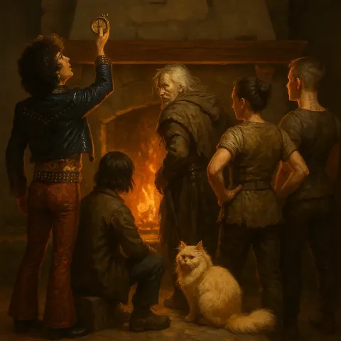 Five Figures Orient Themselves Towards a Warm Fireplace