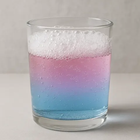 Still Glass of Transparent Water Containing Soap Bubbles and Litmus