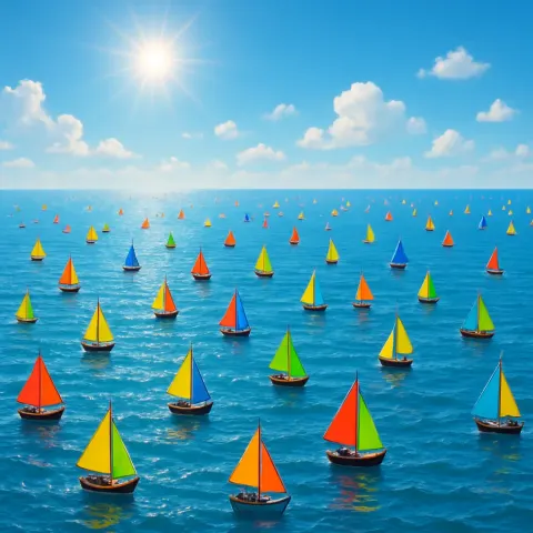 Myriad Tiny Fishing Boats with Colorful Sails Dot a Vast