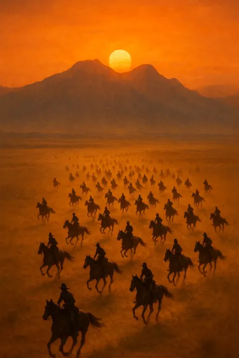 Numerous Tiny Figures on Horseback Gallop Across an Expansive