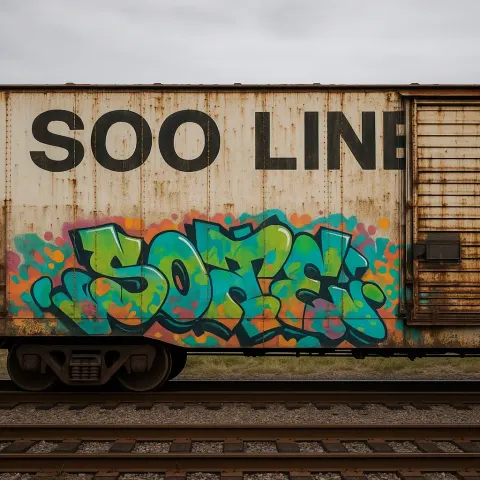 Weathered Train Car with "SOO LINE" Text and Colorful Graffiti
