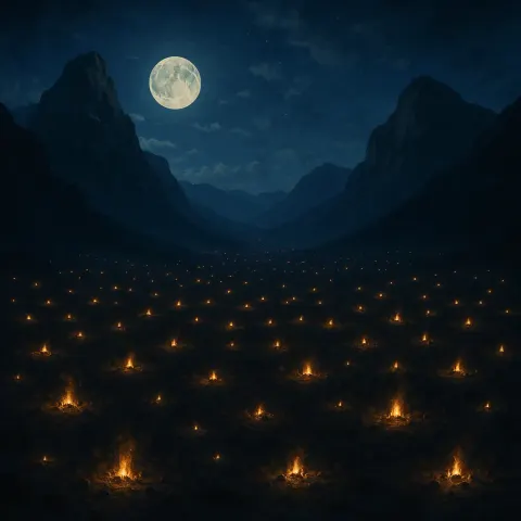 Countless Distant Campfires Dot a Sprawling Dark Valley Floor