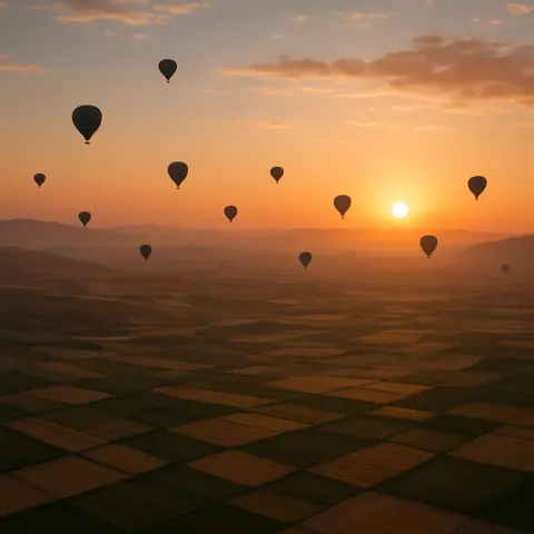 Many Distant Hot Air Balloons Drift Serenely Across a Vast