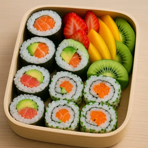 Variety of Vibrant Sushi Rolls Paired with Slices of Fresh