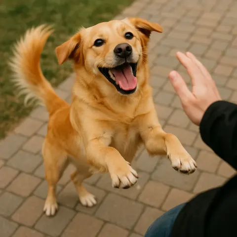 Lively Golden-coated Dog Is Enthusiastically Wagging its Tail and Leaping