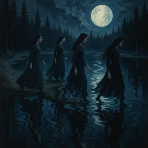 Surreal Image with Women Walking Along a Forest Lake