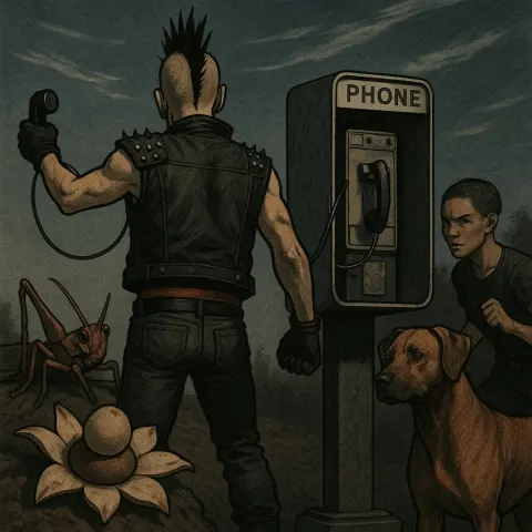 Punk Hero Reaches for a Payphone Where a Reddish-brown Grasshopper