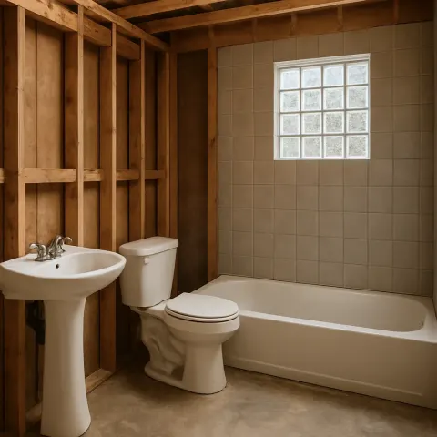 Unfinished Bathroom Featuring Exposed Wooden Studs