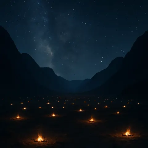 Numerous Tiny Campfires Flicker Like Scattered Embers Across a Vast