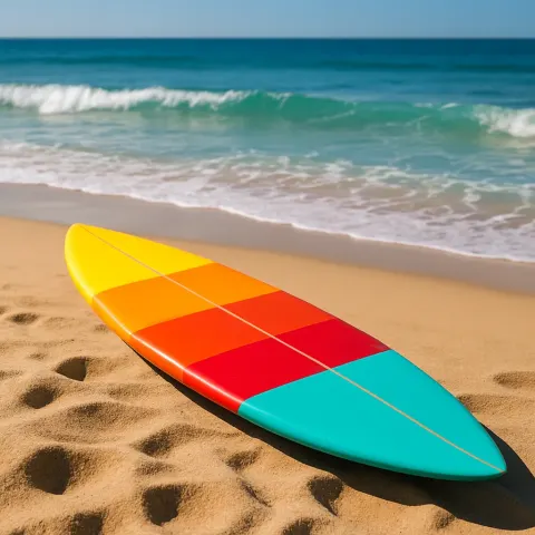 Vividly Colored Surfboard Lying on the Sand of a Beach
