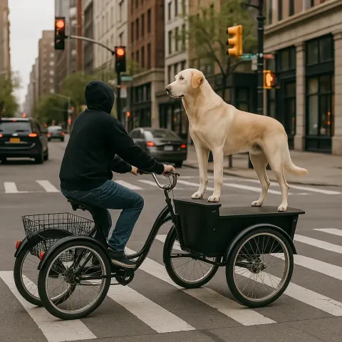 Person Rides a Tricycle with a Large Dog Standing