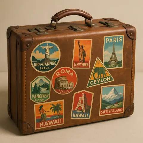 Classic Leather Suitcase Adorned with Stickers from Various Travel Destinations