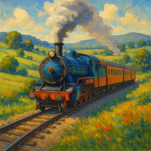 Vibrant Old-fashioned Train Moving Through a Picturesque Rural Landscape