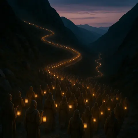 Long Procession of Hundreds of Robed Figures Carrying Lanterns Snakes