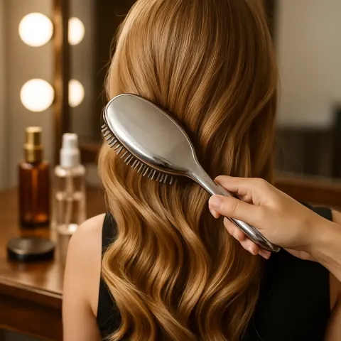 Streamlined Silver Brush Moves Gracefully Through Flowing Honey-blonde Locks