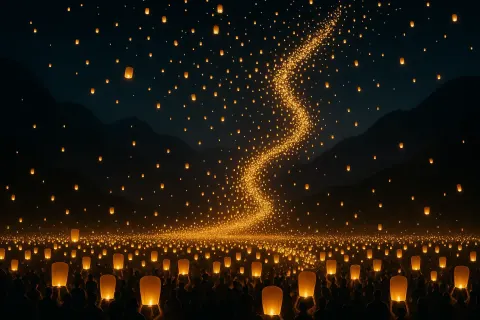 Countless Glowing Lanterns Drift Skyward from a Crowded Valley Festival