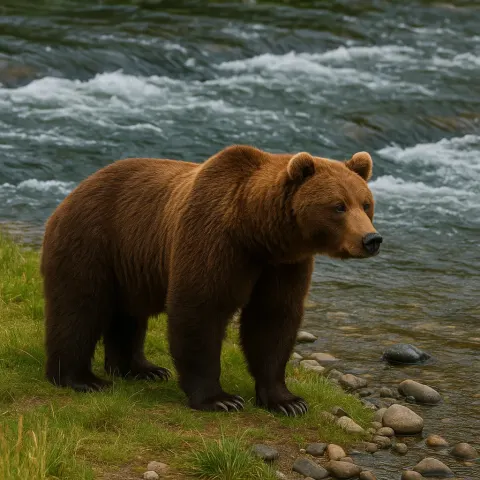 Brown Bear Positioned Next to a River