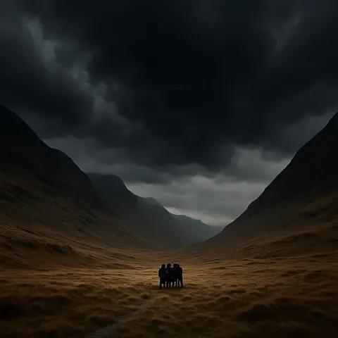 Small Group of Distant Figures Huddles Together Within a Vast