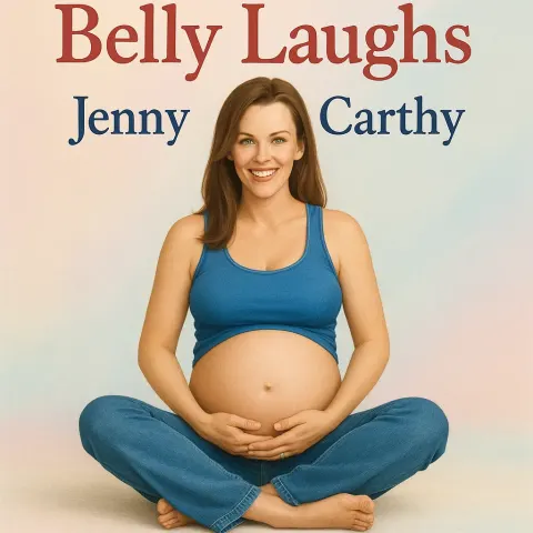 Pregnant Woman Wearing a Blue Tank Top and Jeans Sits