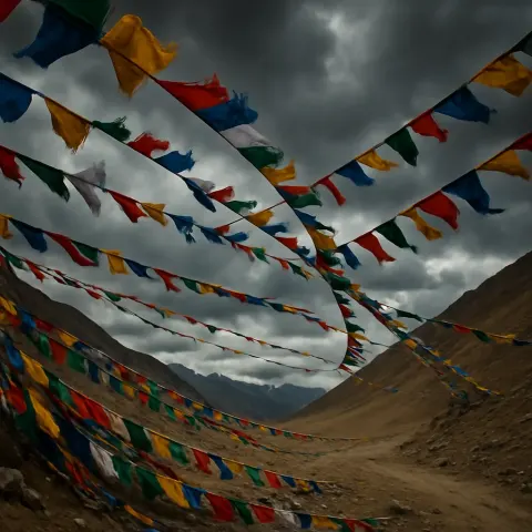Many Colorful Prayer Flags Flutter Intensely on Long Strings
