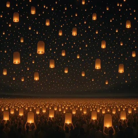 Innumerable Tiny Lanterns Drift Skyward from a Massive