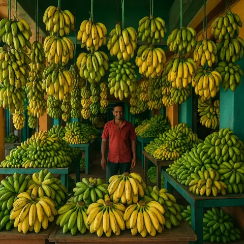 Vibrant Banana Shop Filled with Various Types and Clusters