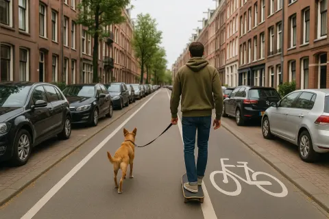 Person Skateboards Down a Bike Lane with a Dog