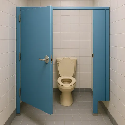 Bathroom Stall with a Beige Toilet Bowl Is Revealed