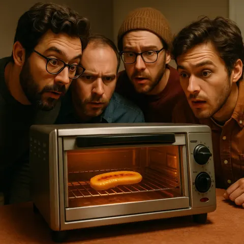 Several Men Are Standing Around a Toaster Oven