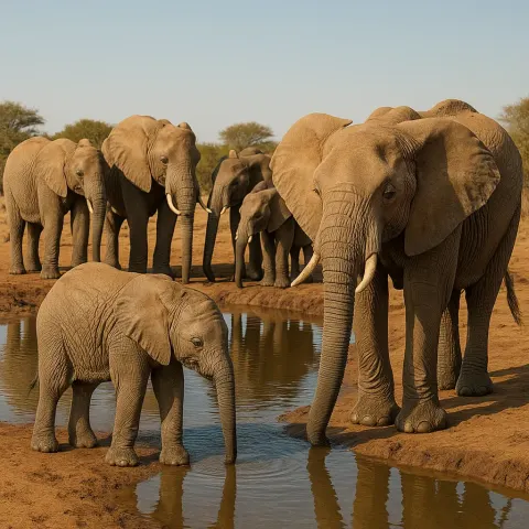 Elephants Gathered Around a Watering Hole