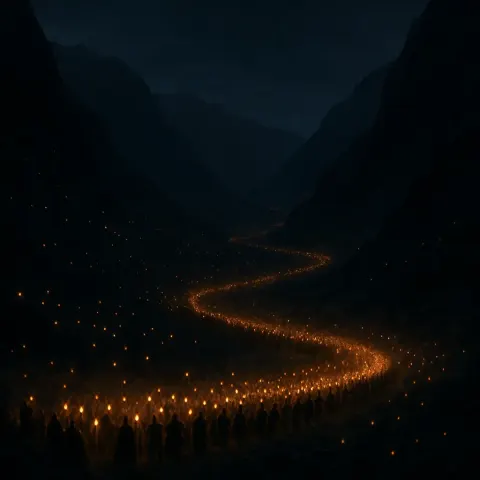 Innumerable Distant Torchlights Flicker Like Scattered Embers as a Massive