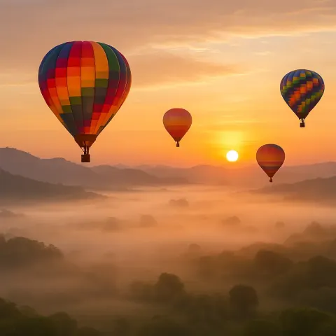 Few Colorful Hot Air Balloons Drift Serenely over a Vast