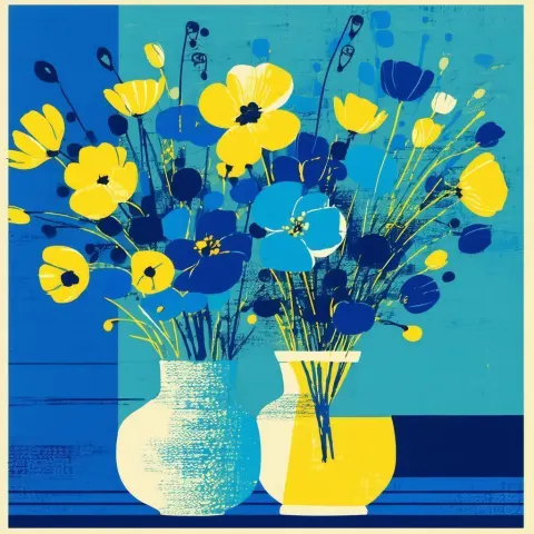 Mid Century Blue and Yellow Flowers in Vase