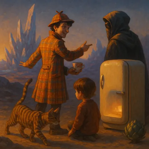 Trickster Character in a Vibrant Sherlock Holmes-style Coat