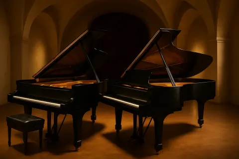Two Elegant Grand Pianos Featuring Satin Black Finishes Stand Side