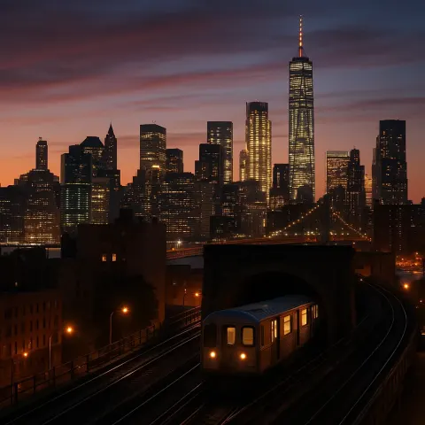 Subway Train Exits a Tunnel as the City Skyline Glows